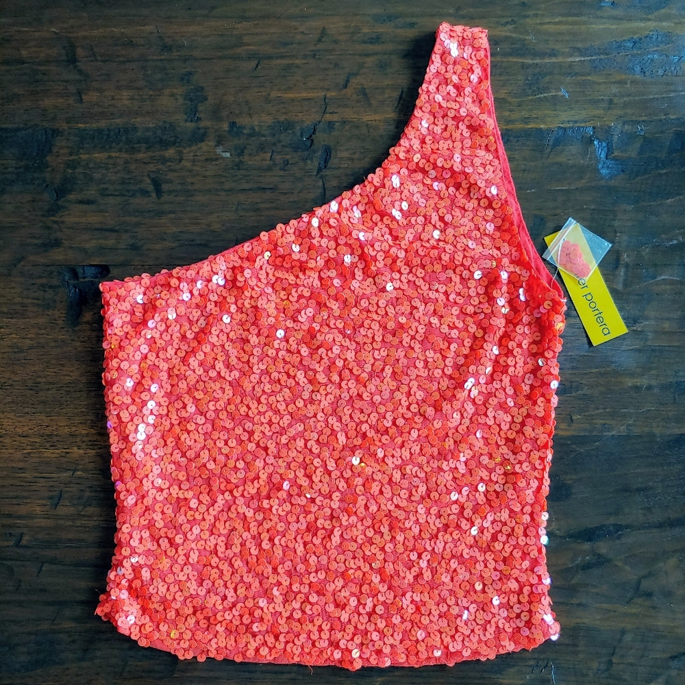 Jennifer Portera one sholder top orange evening
